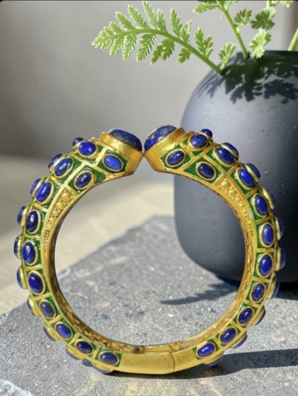 24k Gold Plated Chunky Emerald Enamel Lapis Lazuli Stone Clamper Bracelet
